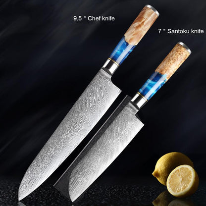 Beaux couteaux en acier Damas avec manche en résine bleue