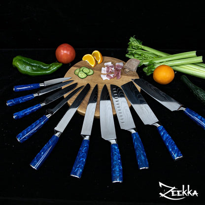 Ensemble de couteaux de chef professionnel Azure avec manche en résine bleue