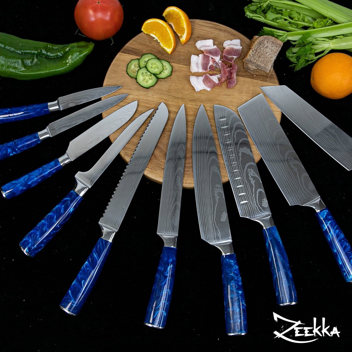Professionelles azurblaues Kochmesser-Set mit blauem Kunstharzgriff