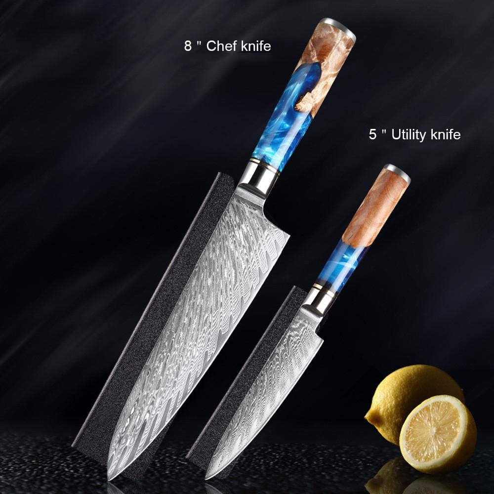 Beautiful Damascus Steel Knives with Blue Resin Handle