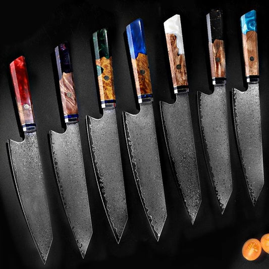 ZEEKKA Damaskus kokkekniv med træ og farvet harpikshåndtag med gaveæske