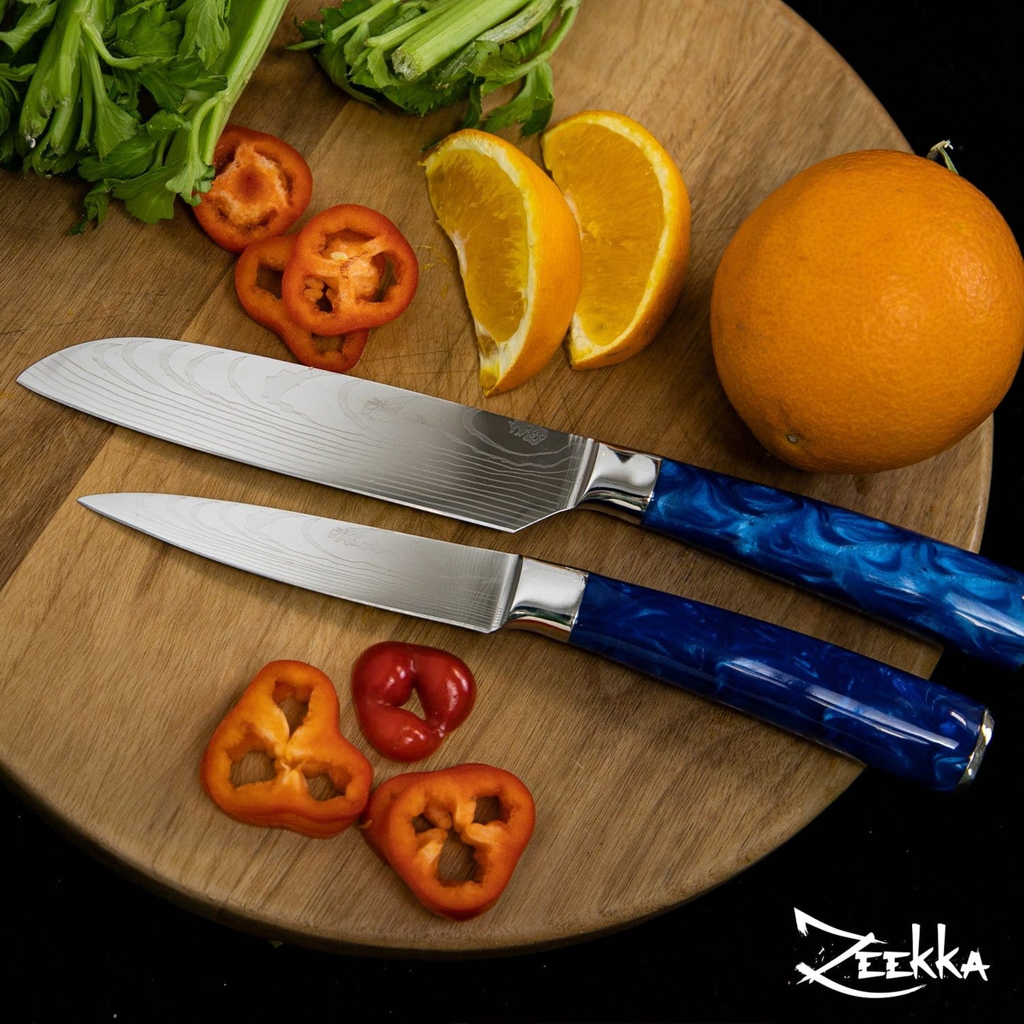 Professionelt Azure kokkeknivsæt med blåt harpikshåndtag