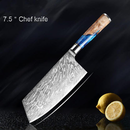 Beaux couteaux en acier Damas avec manche en résine bleue