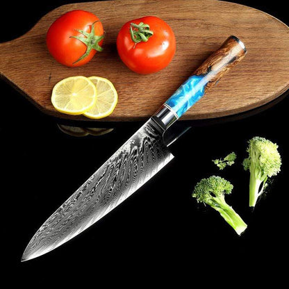 Dyb blå 8 tommer Damaskus kokkekniv med harpikshåndtag