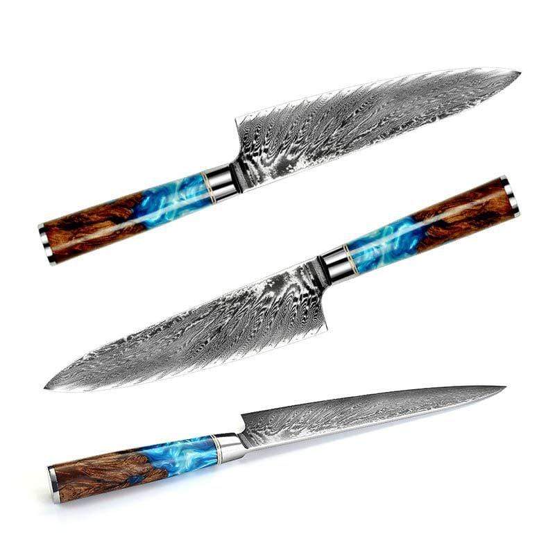 Dyb blå 8 tommer Damaskus kokkekniv med harpikshåndtag