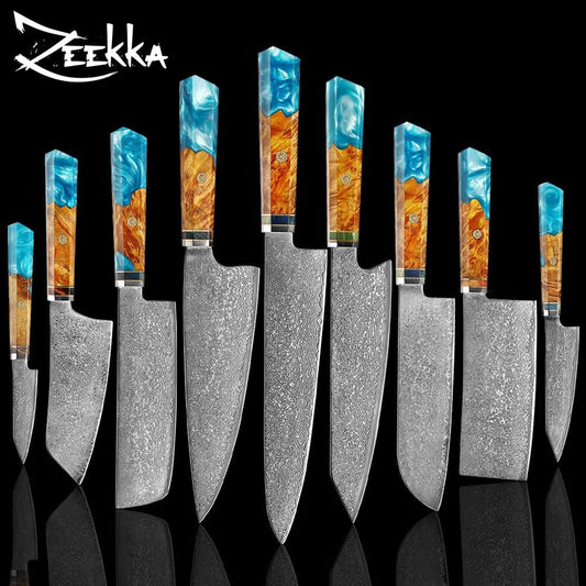 Ensemble de couteaux en acier Damas turquoise