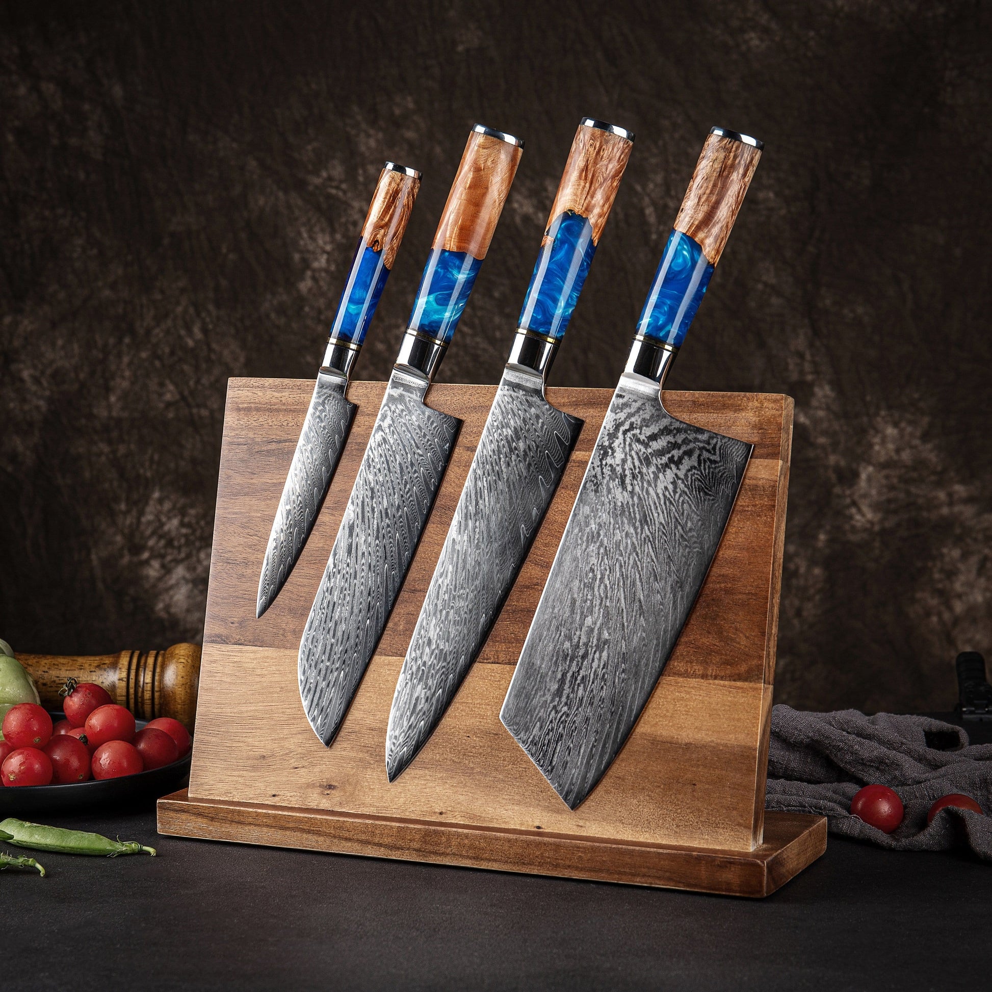 Hand forged Damascus steel blue handles chefs knives set